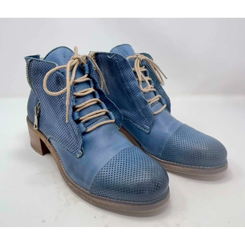 DEKY Italy Blue Leather Perforated Lace Up Ankle Boots Womens 40 US 9 Luxury
